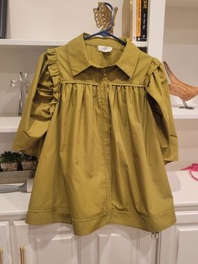entro Olive Green Ruffled Yoke Button-Front Blouse